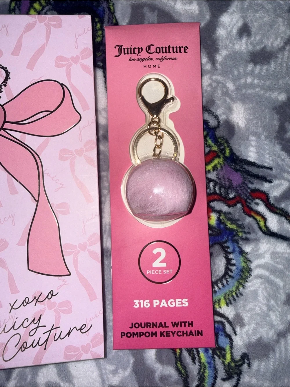 Juicy Couture Home Pink Bow Spiral Journal & Pom Pom Keychain Set